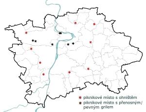 pikniková místa v pražských lesích a parcích, orientační mapka, stav 3/2023