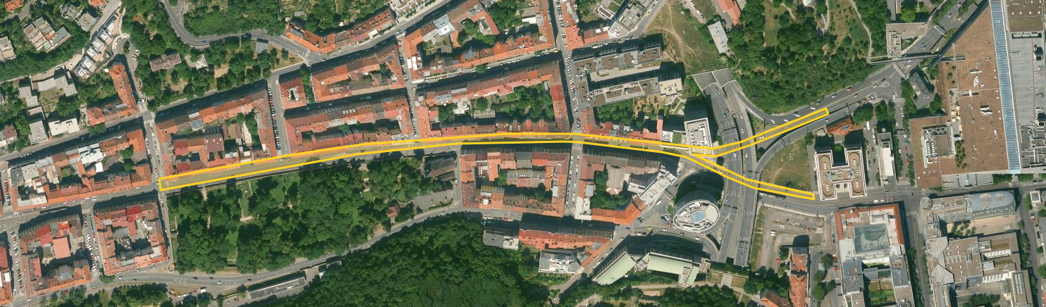 Plzeňská - vyznačení rekonstruovaného úseku