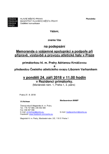 Podepsání Memoranda o vzájemné spolupráci a podpoře při přípravě, výstavbě a provozu atletické haly v Praze