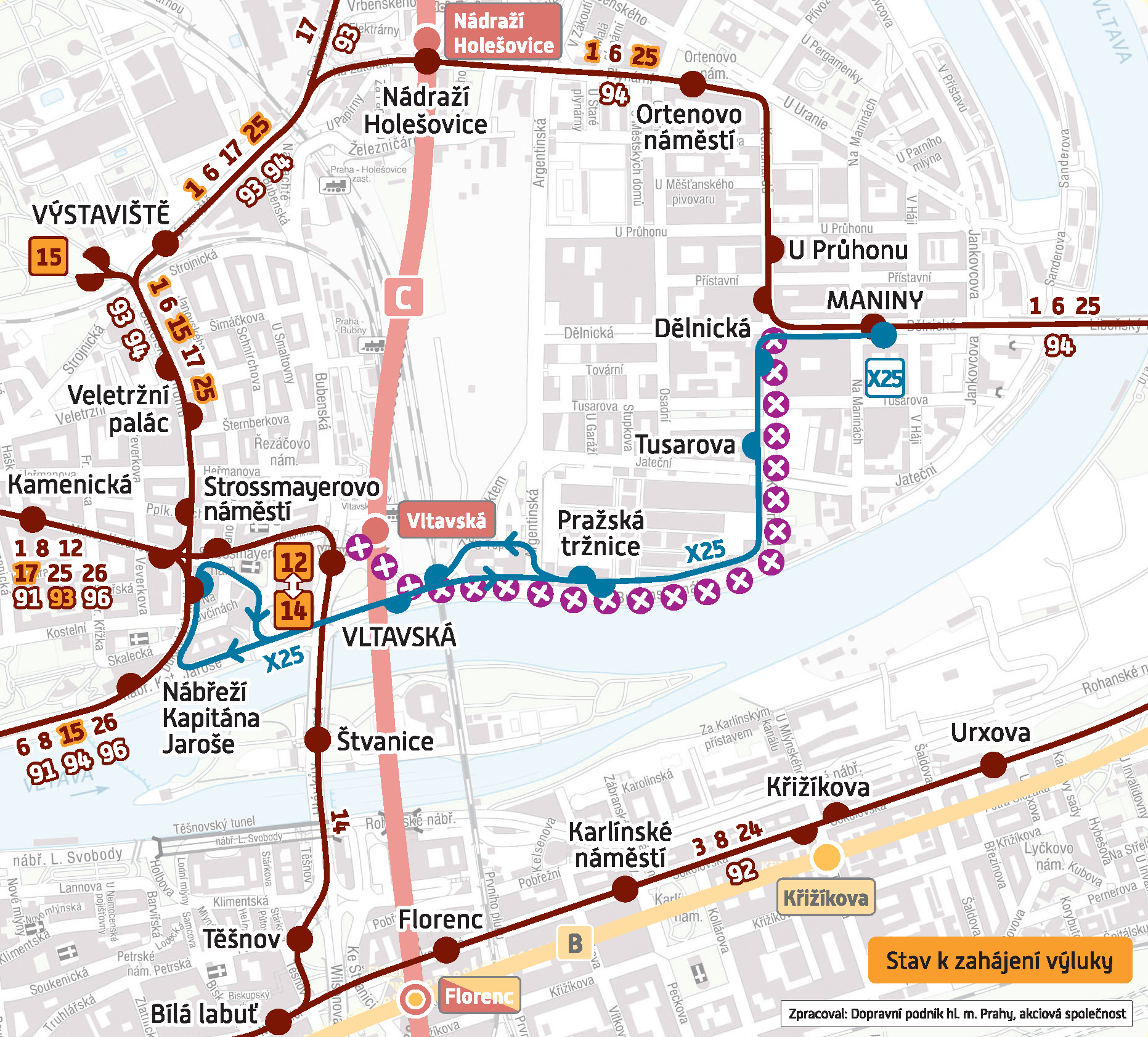 Schéma provozu v době rekonstrukce tramvajové tratě