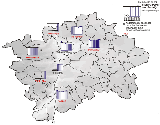 Obr. Dvacátéšesté nejvyšší hodnoty maximálního 8hod. klouzavého průměru koncentrací ozonu v průměru za 3 roky v letech 1996–2005