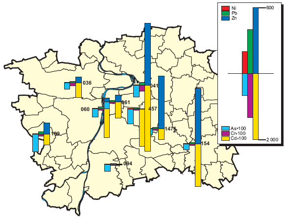 Obr. Průměrné roční koncentrace kovů v prašném aerosolu, 2006 [ng.m-3]